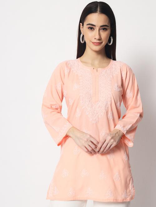 round neck chikankari work a-line kurti - 20096036 - Very Small Image - 1