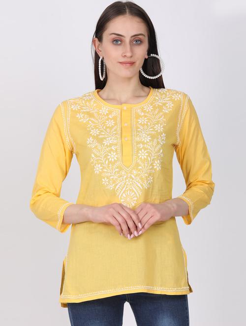 round neck chikankari work a-line kurti - 20096038 - Very Small Image - 1