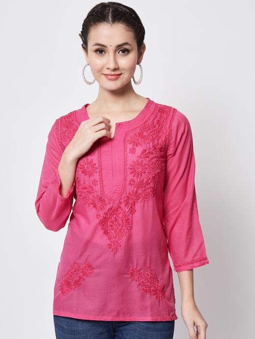 round neck chikankari work a-line kurti - 20096050 - Very Small Image - 1