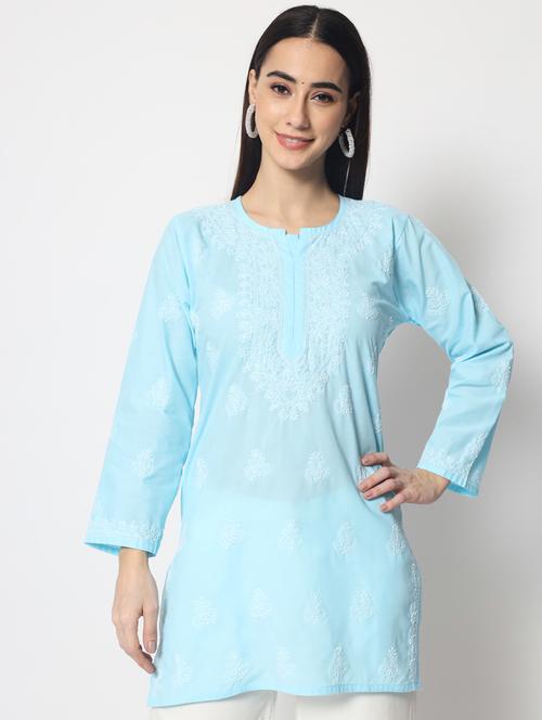 round neck chikankari work a-line kurti - 20096051 - Very Small Image - 1