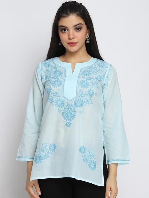round neck chikankari work a-line kurti - 20096052 - Very Small Image - 1
