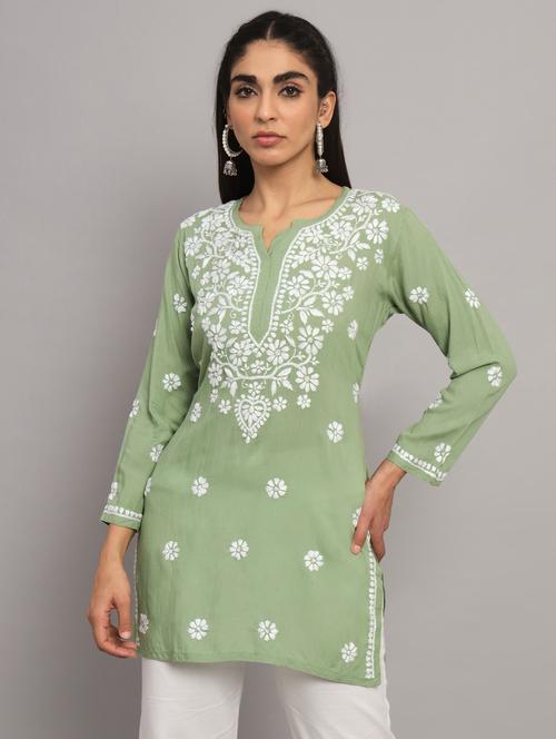round neck chikankari work a-line kurti - 20096061 - Very Small Image - 1