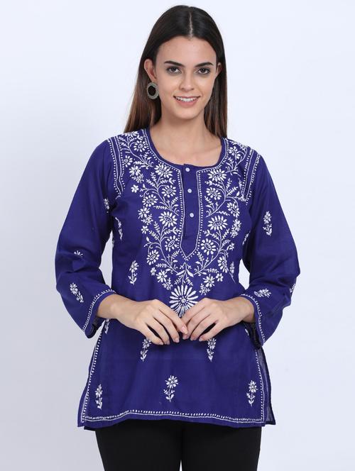 round neck chikankari work a-line kurti - 20096063 - Very Small Image - 1
