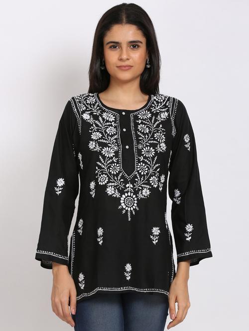 round neck chikankari work a-line kurti - 20096066 - Very Small Image - 1