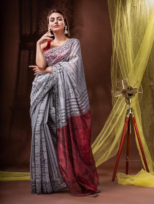 grey cotton blend handloom saree with blouse - 20097940 - Very Small Image - 1