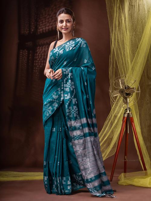 teal handloom saree with blouse - 20097975 - Very Small Image - 1