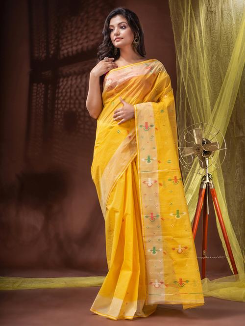 yellow cotton handloom saree - 20098001 - Very Small Image - 1