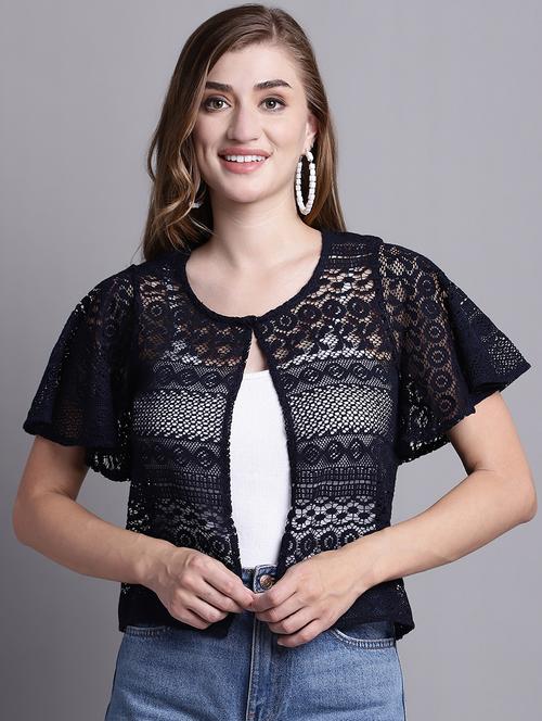 round neck self design regular shrug - 20098068 - Very Small Image - 1