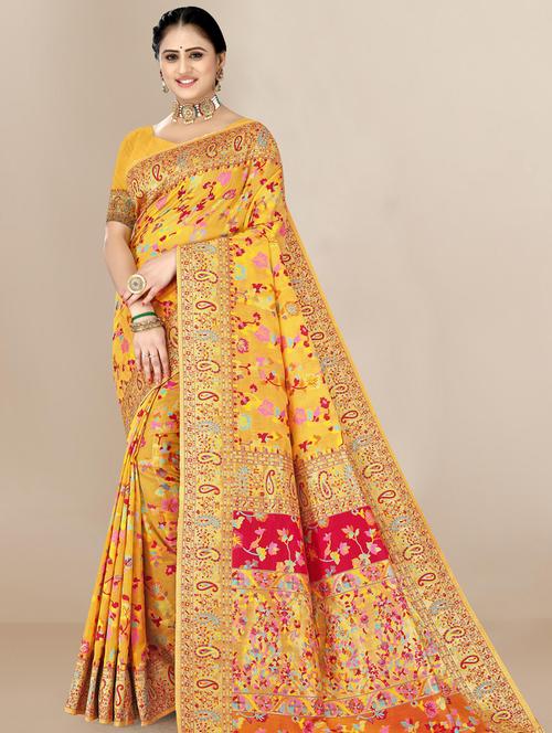yellow cotton blend chanderi saree - 20098482 - Very Small Image - 1