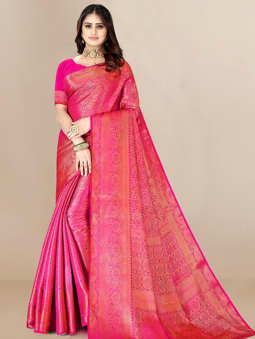 women's self design pink colored saree with blouse - 20098576 - Very Small Image - 1