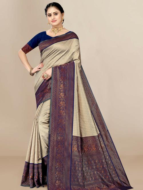 cream silk blend banarasi saree with blouse - 20098589 - Very Small Image - 1