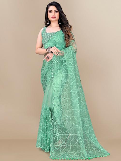 light green embroidered woven saree with blouse - 20098671 - Very Small Image - 1