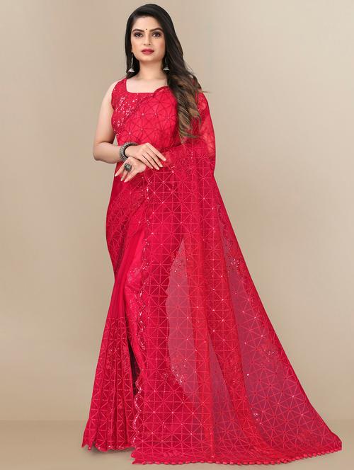 red embroidered woven saree with blouse - 20098672 - Very Small Image - 1