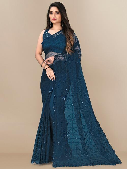dark blue embroidered woven saree with blouse - 20098673 - Very Small Image - 1