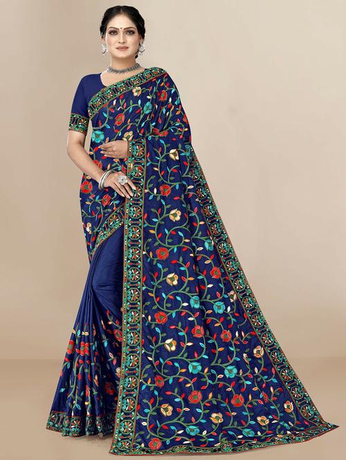 dark blue embroidered saree with blouse - 20098689 - Very Small Image - 1