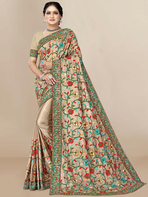 cream embroidered saree with blouse - 20098690 - Very Small Image - 1