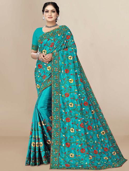 light blue embroidered saree with blouse - 20098692 - Very Small Image - 1