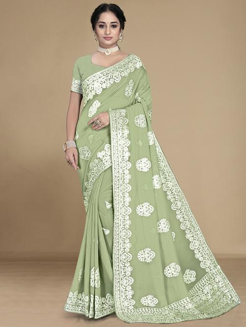 light green embroidered saree with blouse - 20098700 - Very Small Image - 1