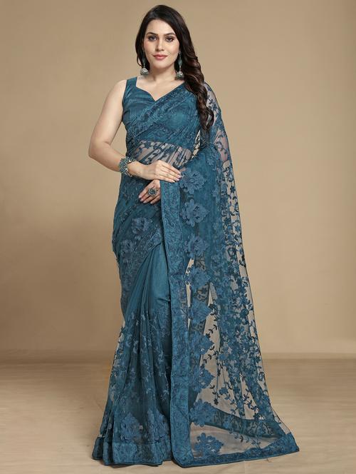 dark blue embroidered saree with blouse - 20098711 - Very Small Image - 1