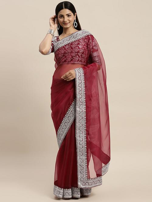 women's bordered royal blue colored saree with blouse - 20098726 - Very Small Image - 1