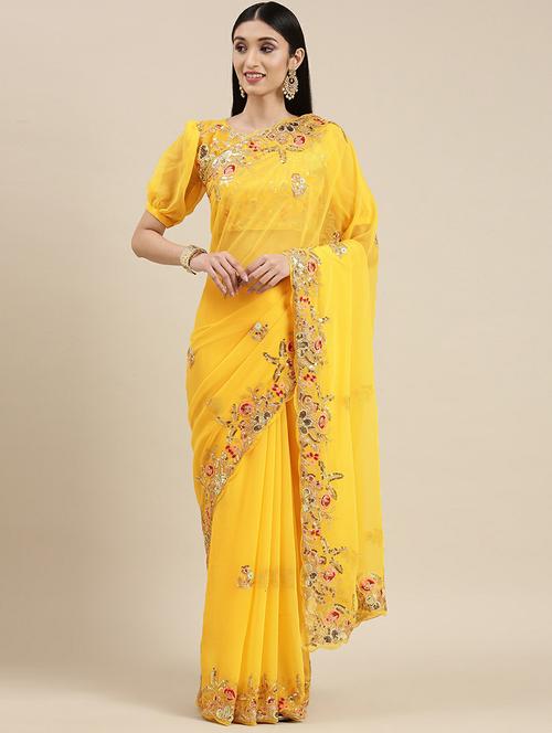 yellow self design saree with blouse - 20098745 - Very Small Image - 1