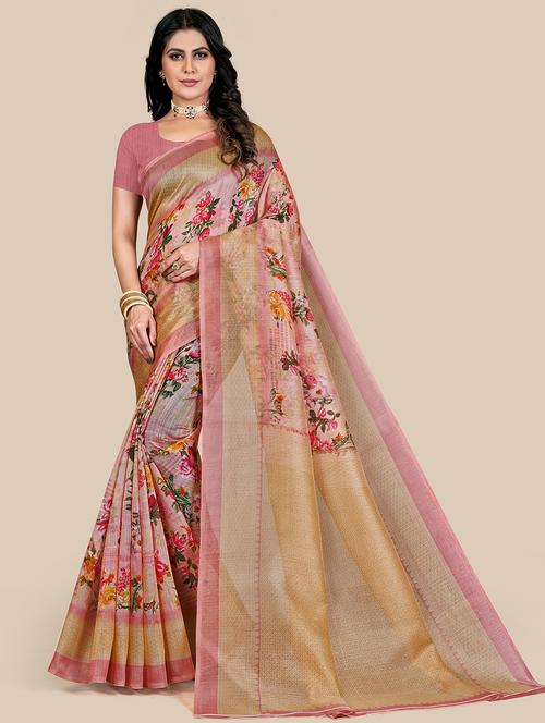 pink floral printed saree with blouse - 20098848 - Very Small Image - 1