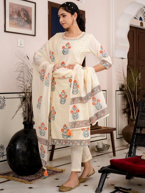 cream printed suit set - 20102643 - Very Small Image - 1
