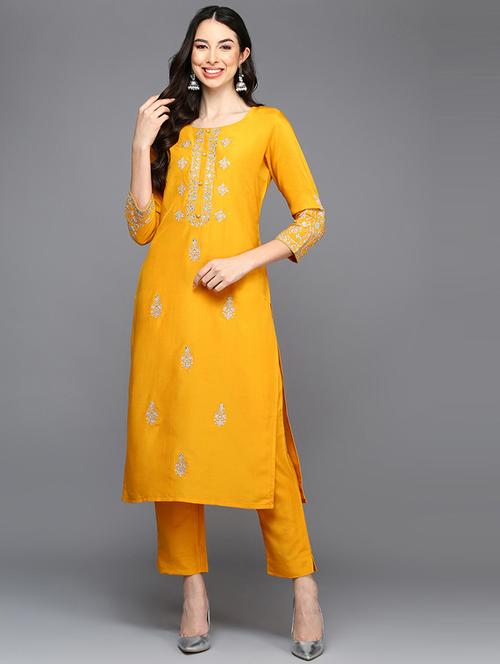 yellow cotton blend straight kurta - 20102829 - Very Small Image - 1