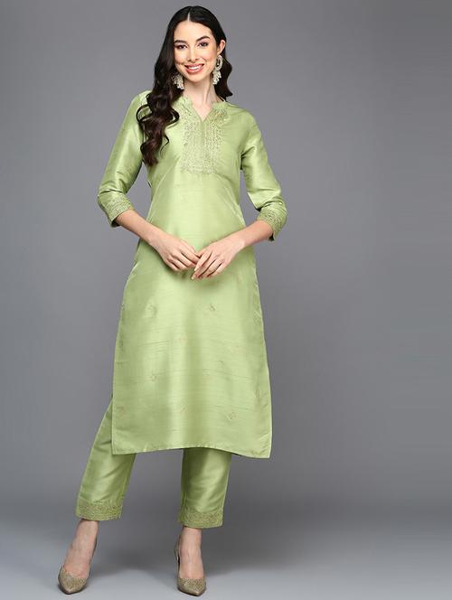 green silk blend kurta pant set - 20102871 - Very Small Image - 1