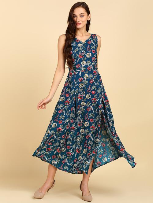 v neck printed high slit ethnic dress - 20107460 - Very Small Image - 1