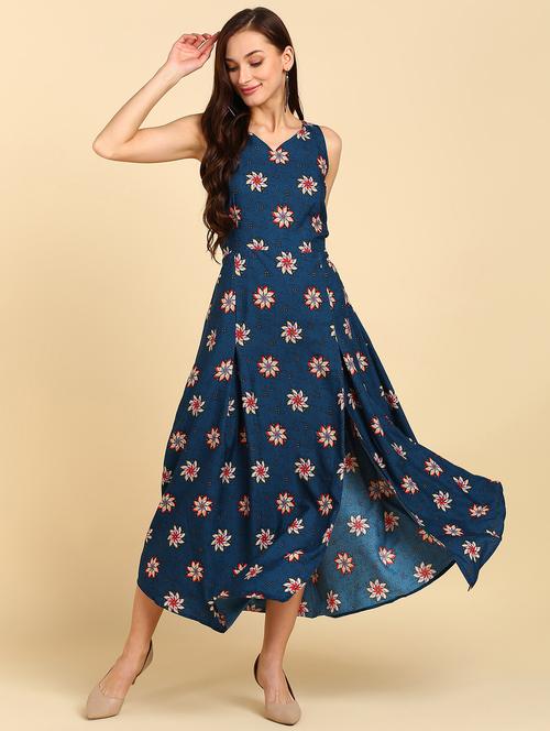 v neck printed high slit ethnic dress - 20107463 - Very Small Image - 1