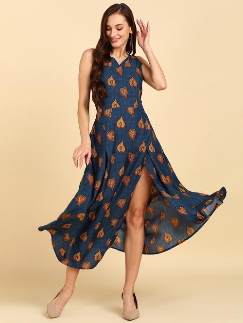 v neck printed high slit ethnic dress - 20107465 - Very Small Image - 1