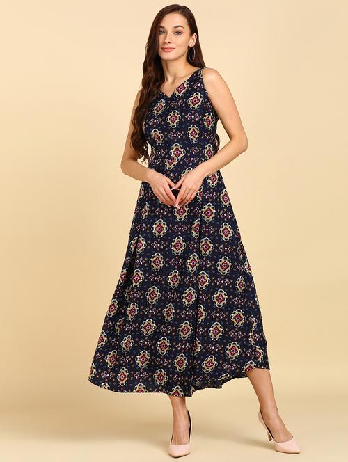 v neck printed high slit ethnic dress - 20107466 - Very Small Image - 1