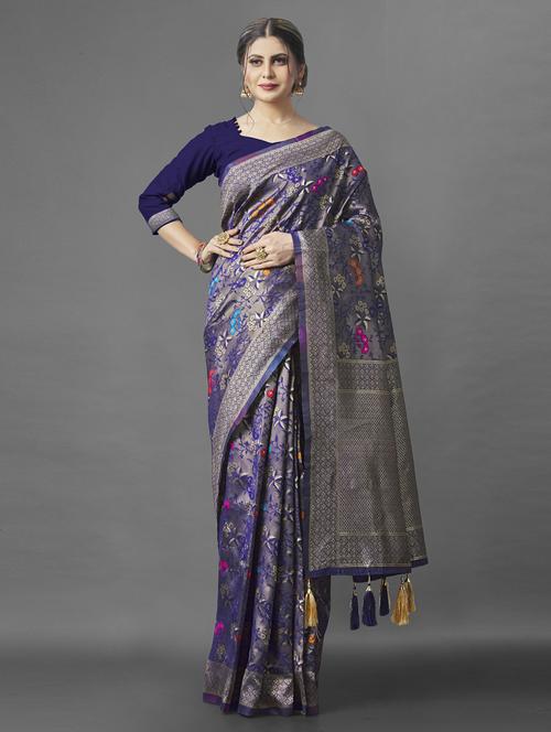navy blue banarasi saree with blouse - 20109754 - Very Small Image - 1