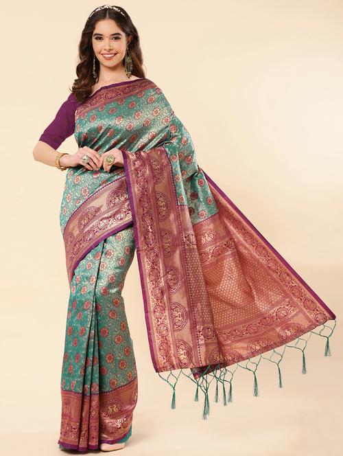teal banarasi saree with blouse - 20109829 - Very Small Image - 1