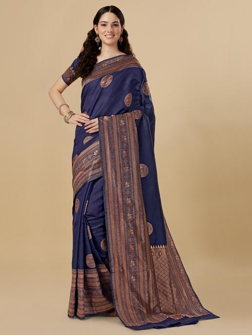 navy blue banarasi saree with blouse - 20109871 - Very Small Image - 1