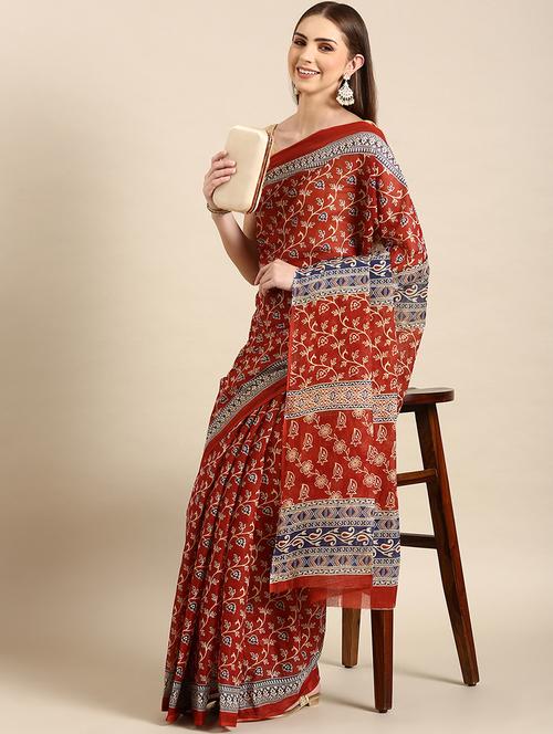 women's floral orange colored saree - 20115107 - Very Small Image - 1