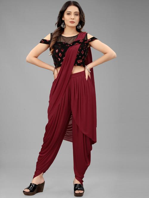 women's solid maroon colored saree with blouse - 20117529 - Very Small Image - 1