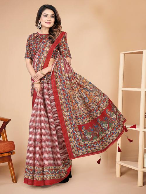women's printed burgundy colored saree with blouse - 20117560 - Very Small Image - 1