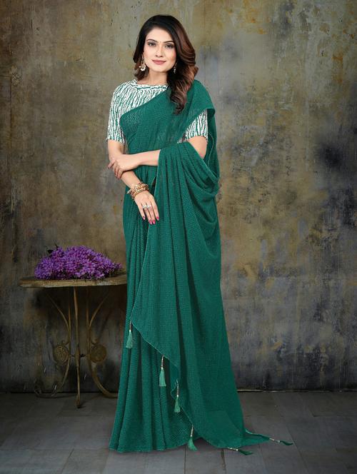 women's solid bottle green colored saree with blouse - 20117578 - Very Small Image - 1