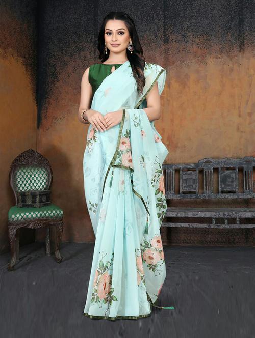 women's floral light green colored saree with blouse - 20117591 - Very Small Image - 1