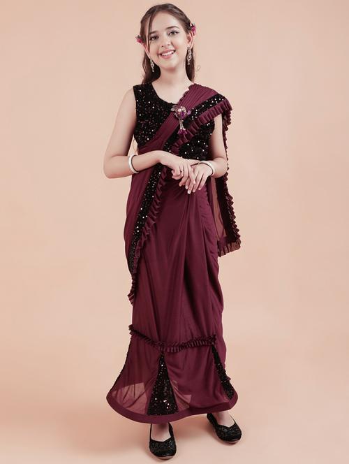maroon self design party wear saree - 20117648 - Very Small Image - 1
