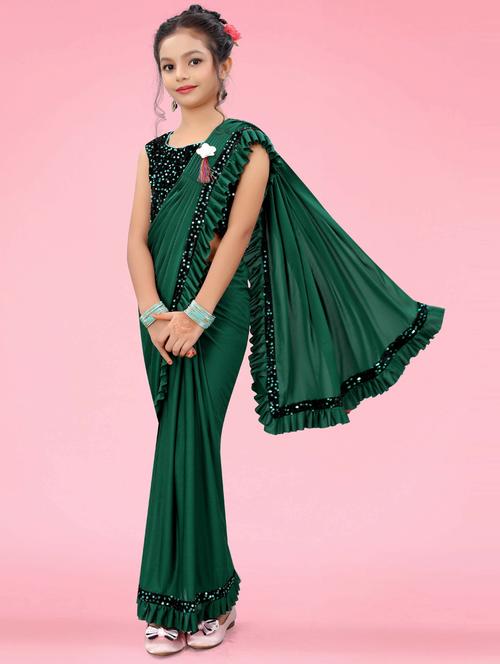 green solid with ruffle border saree - 20117662 - Very Small Image - 1