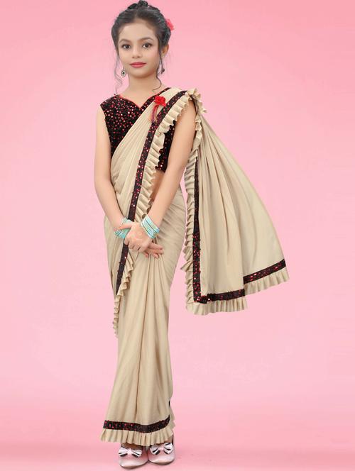 beige solid with ruffle border saree - 20117668 - Very Small Image - 1