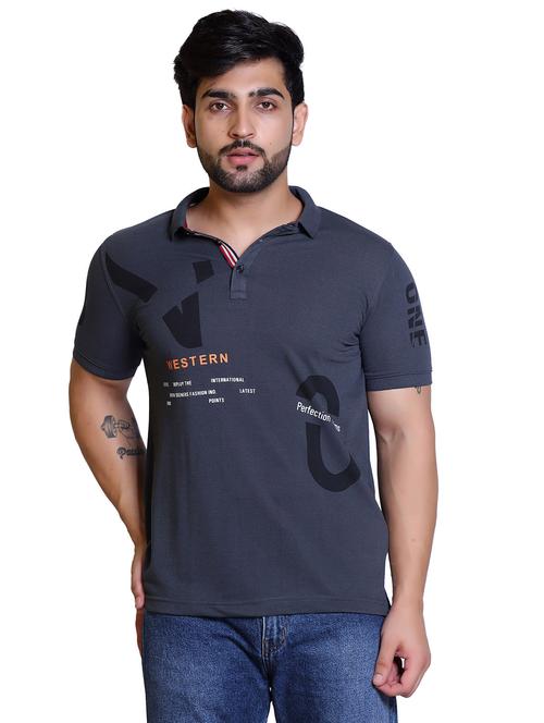 grey printed short sleeve polo t-shirt - 20117914 - Very Small Image - 1