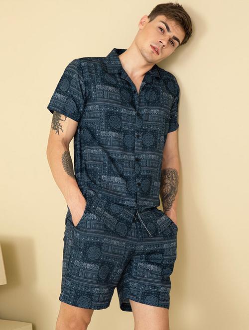 men blue printed lounge set - 20118039 - Very Small Image - 1