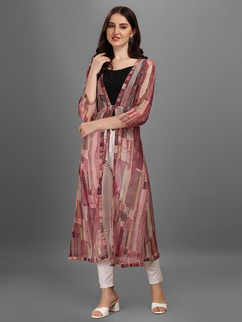 maroon striped three quater sleeves long shrug - 20118918 - Very Small Image - 1