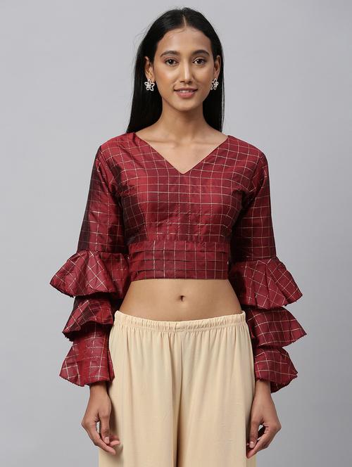 maroon checkered bell sleeves stitched blouse - 20118936 - Very Small Image - 1