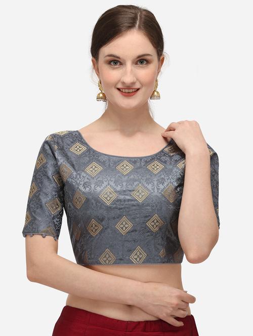 grey round neck stitched blouse - 20119221 - Very Small Image - 1