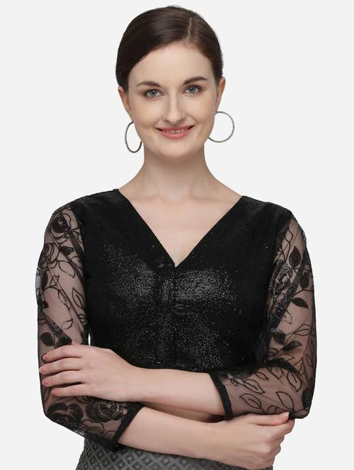 black v neck stitched blouse - 20119267 - Very Small Image - 1